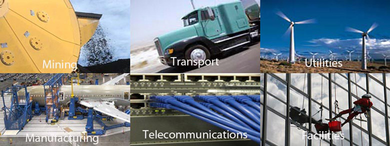 Image of six different industries including mining, shipping, telecommunications, coal and rail
